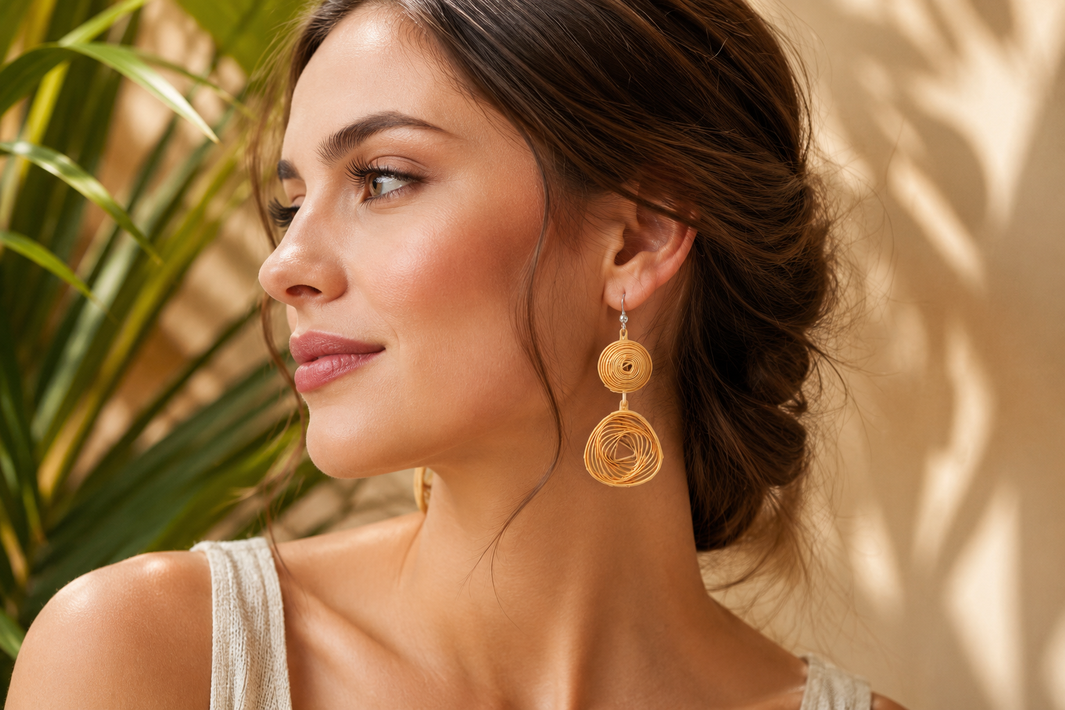 A woman in profile wearing a pair of bamboo earrings, with warm sunlight and shadow patterns on a beige wall and green leaves in the background.